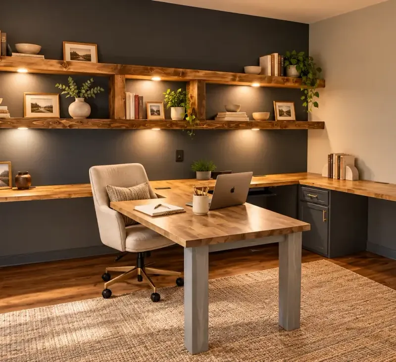 Custom office cabinetry & oak desks, digitally styled project photograph