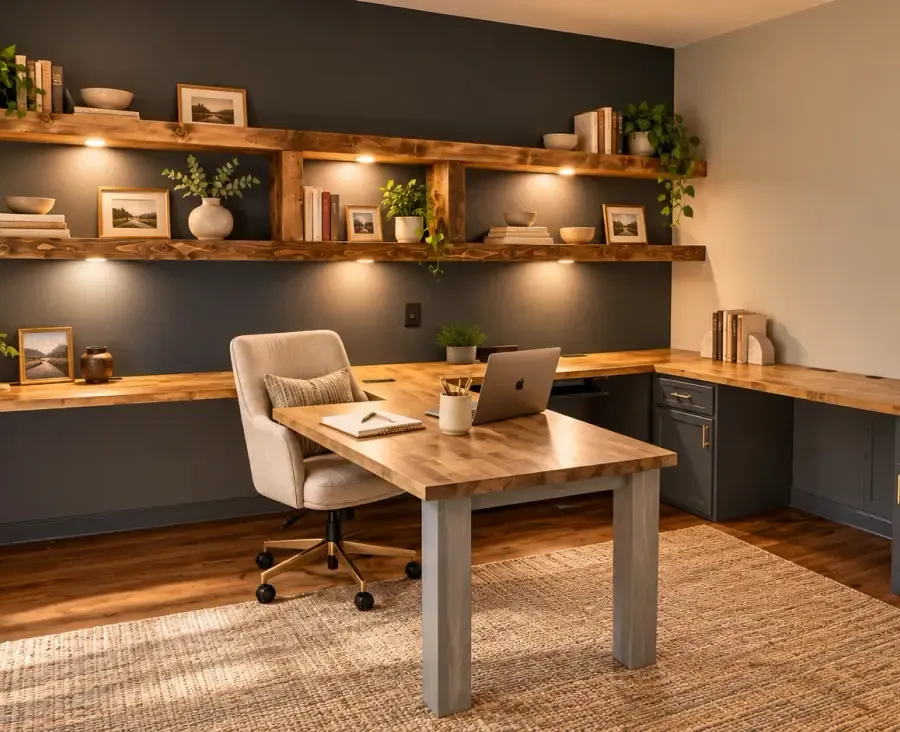 Custom office cabinetry & oak desks, digitally styled project photograph
