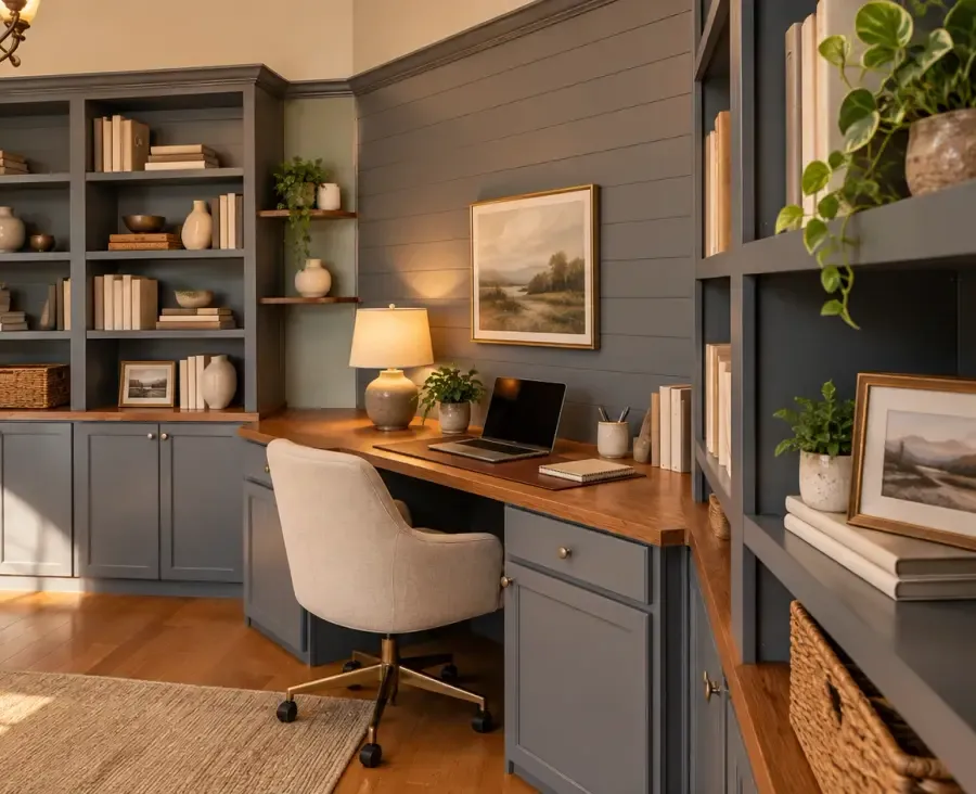 Custom office library & fitted worktop, digitally styled project photograph