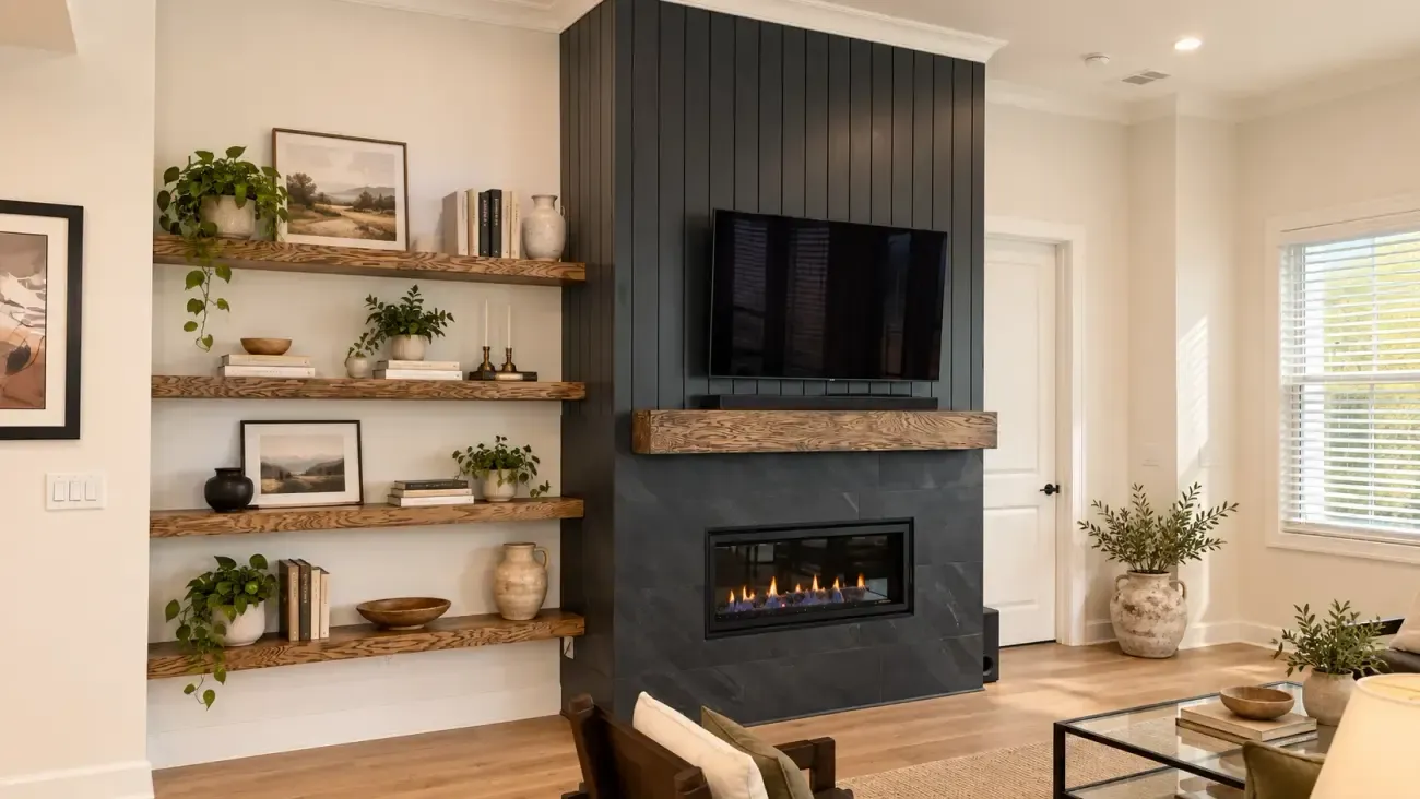 Fireplaces & Surrounds in a beautifully decorated home, project photography, digitally styled