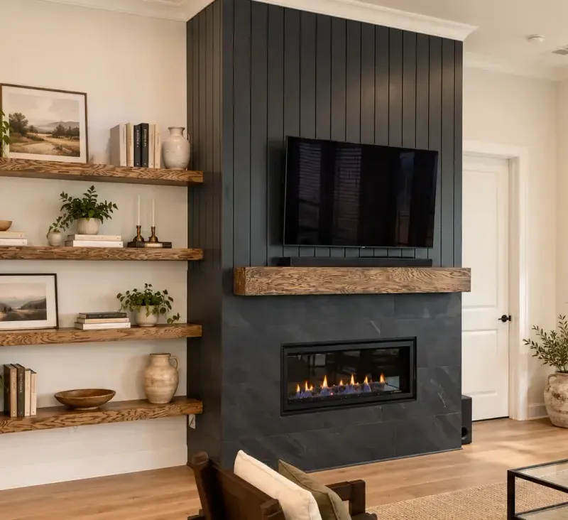 Paneled fireplace & floating shelves, digitally styled project photograph