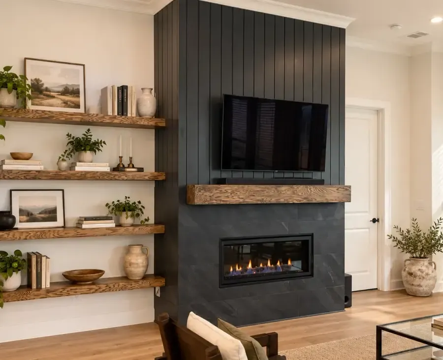 Paneled fireplace & floating shelves, digitally styled project photograph