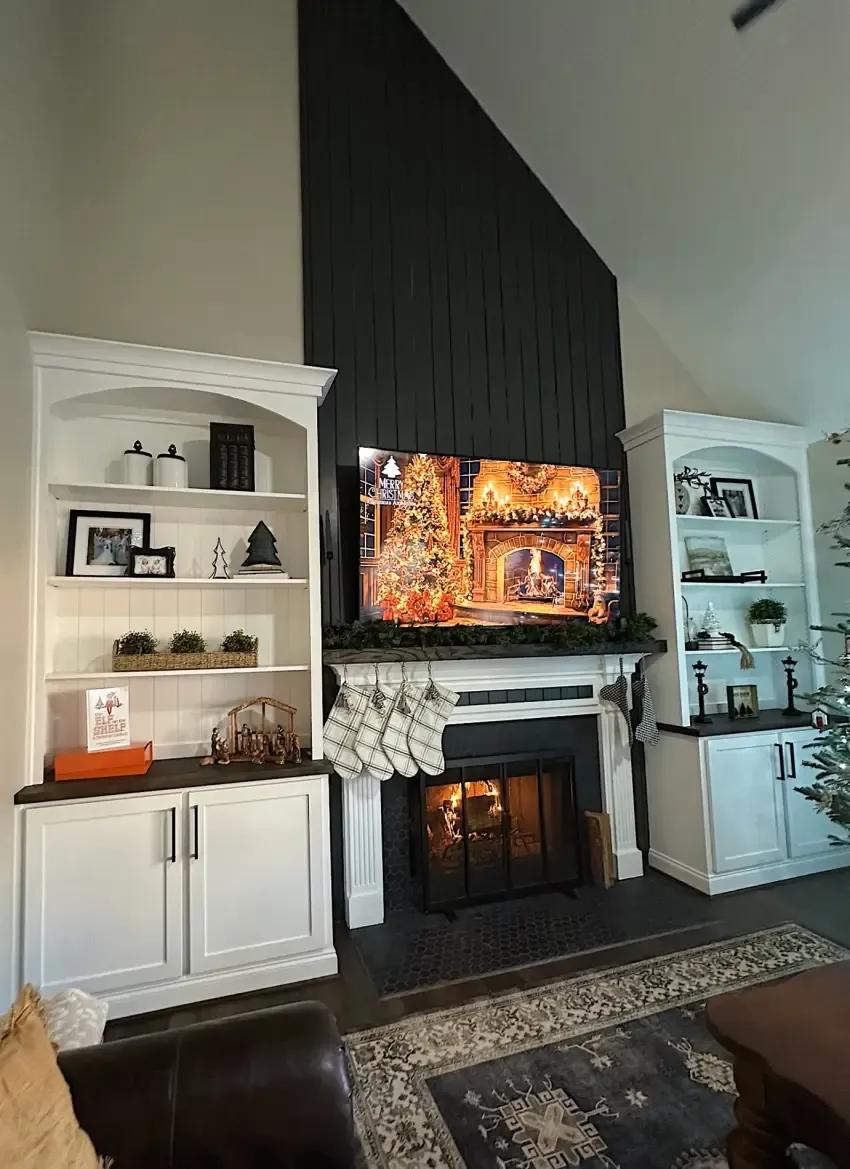 Vaulted fireplace wall & arched built-ins