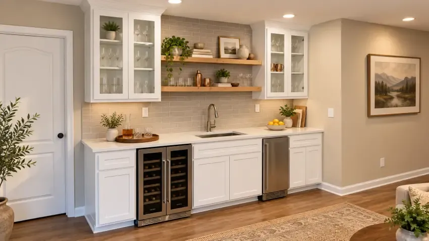 White wet bar with glass-front upper cabinets, wood floating shelves, sink, and beverage refrigerators