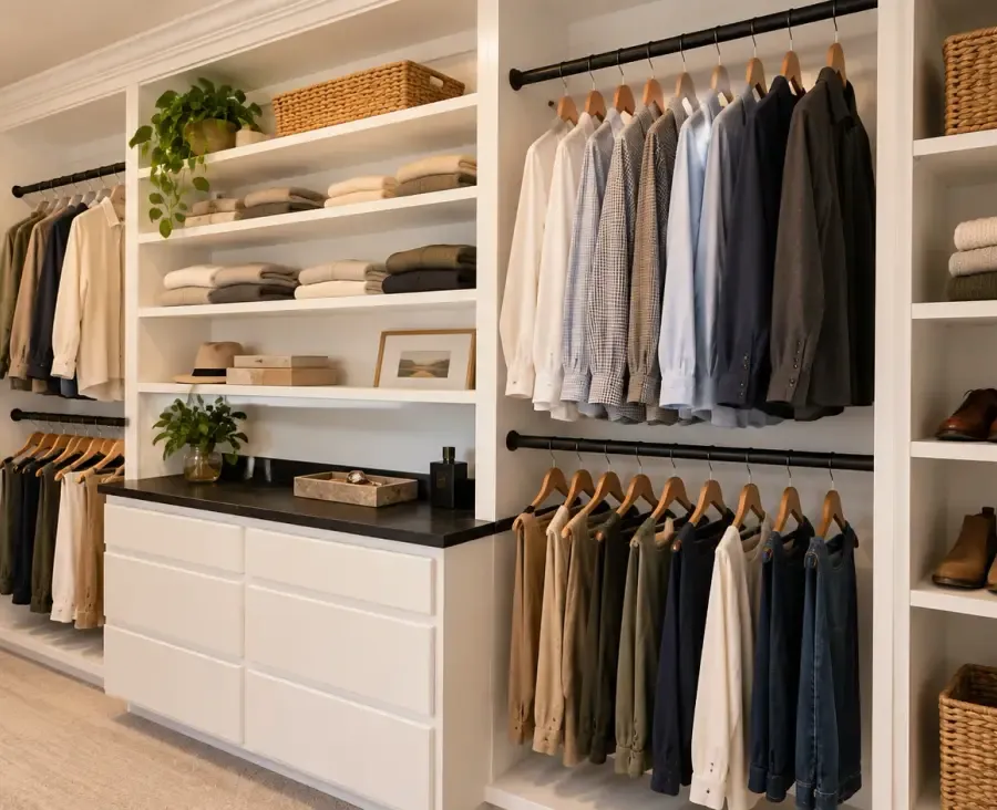 Custom white closet cabinetry, digitally styled project photograph
