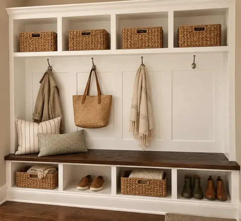 White mud bench & entryway storage, digitally styled project photograph
