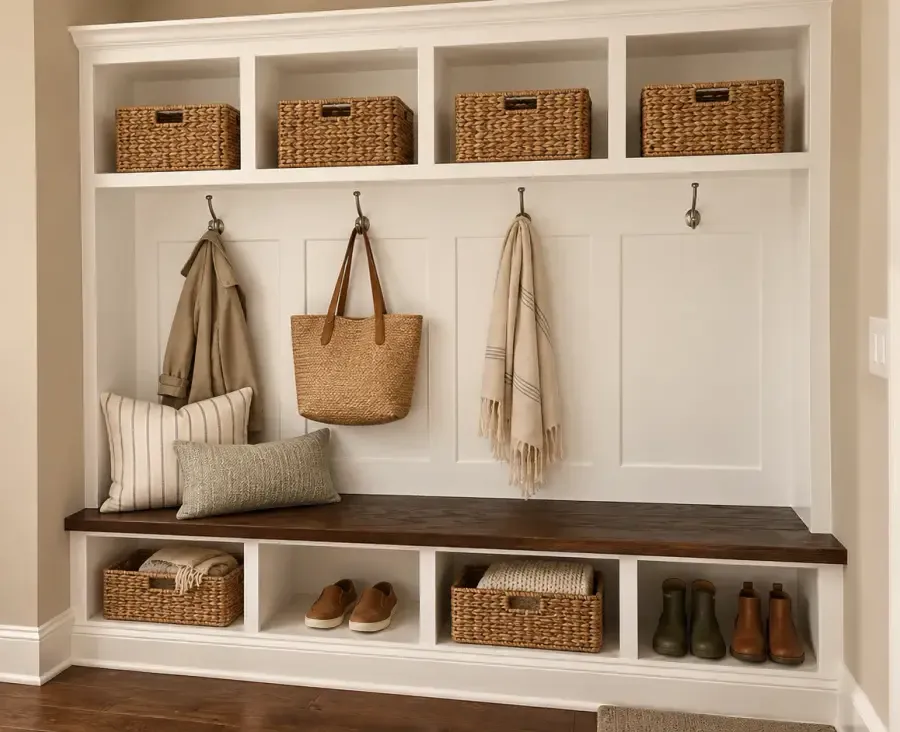 White mud bench & entryway storage, digitally styled project photograph