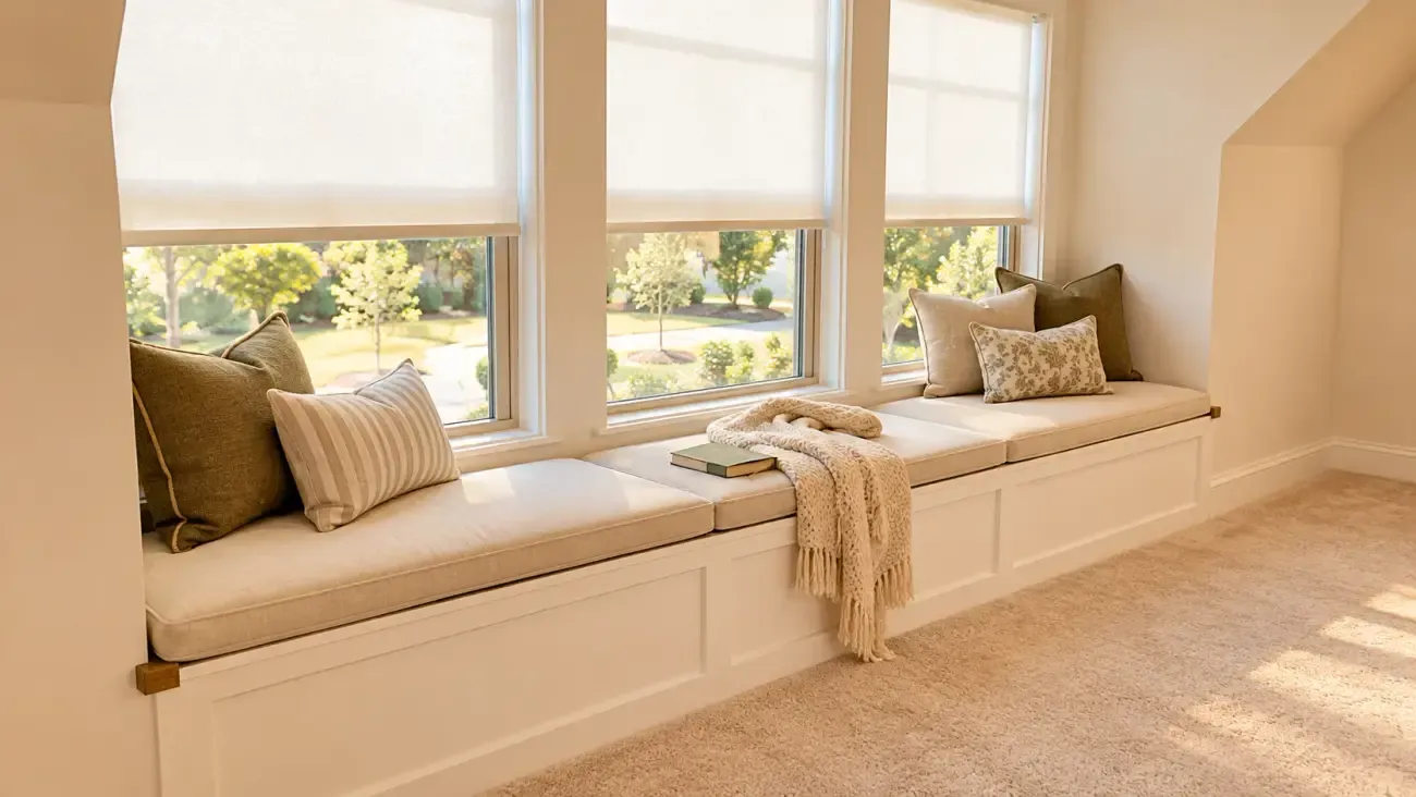 Custom window bench and storage with cushions in a sunlit home, digitally styled