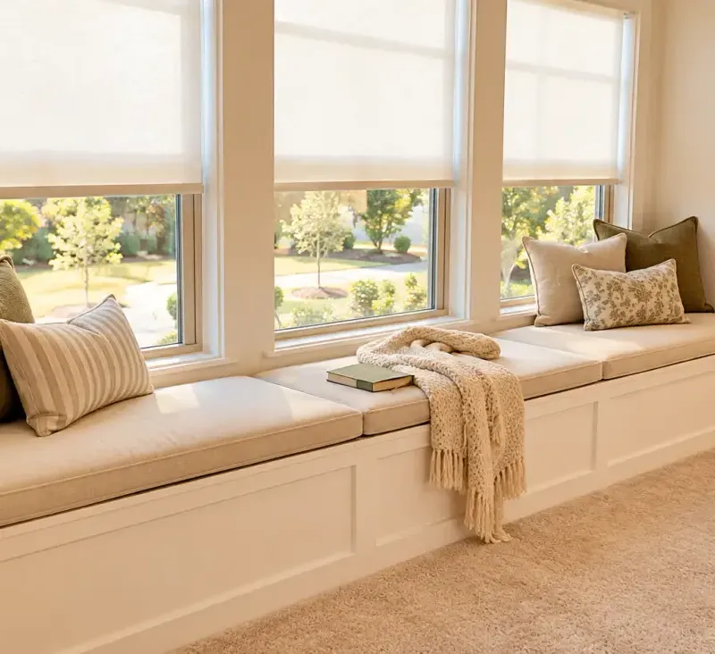 Built-in window seating & storage, digitally styled project photograph