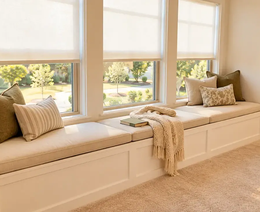 Built-in window seating & storage, digitally styled project photograph