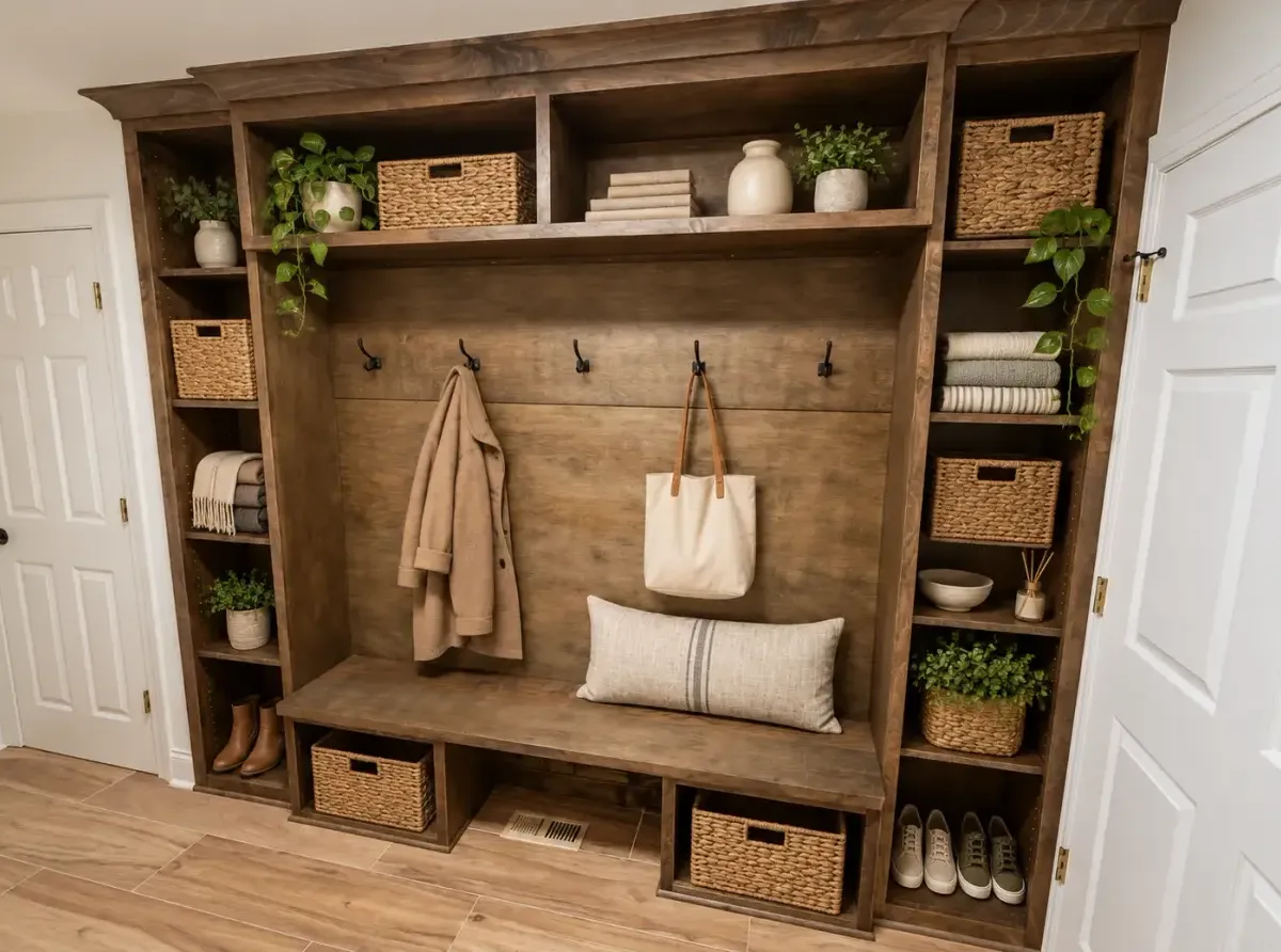 Wood entryway storage • digitally styled