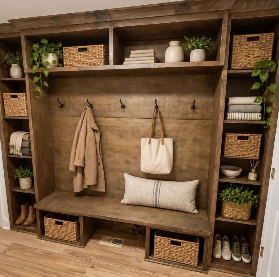 Stained wood mud bench with storage cubbies and coat hooks