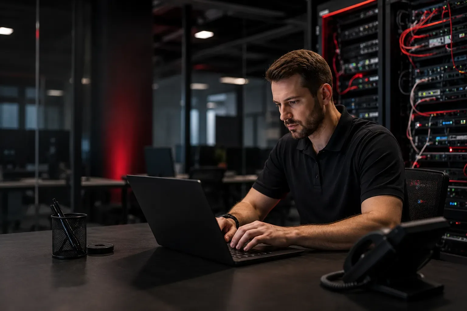 LinTechIT technician managing servers and network security in a data center