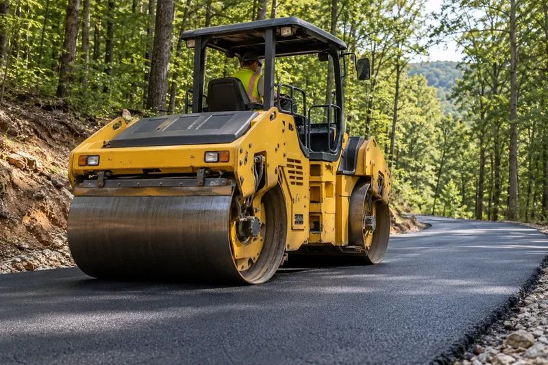 Roller compacting a newly paved asphalt surface