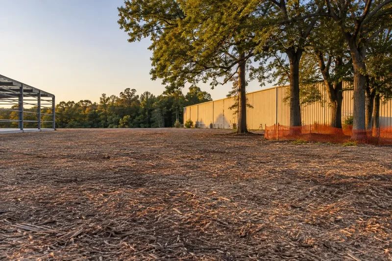 Managed vegetation and retained trees beside a commercial development