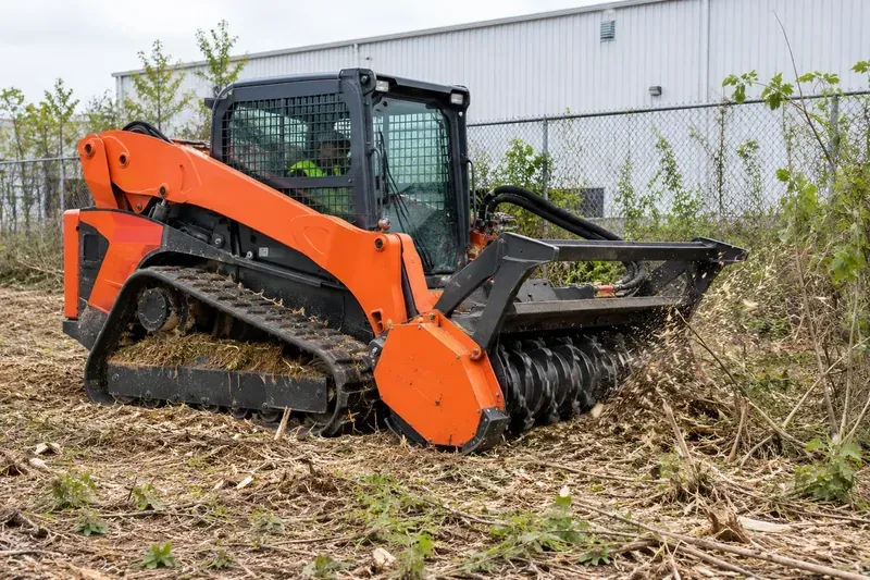 Forestry mulcher working on brush at a commercial property edge