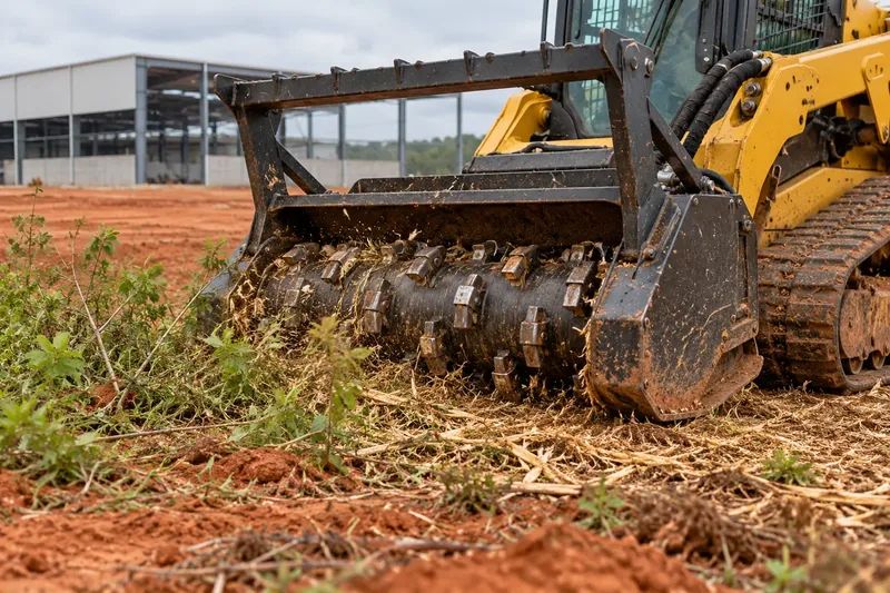 Forestry mulcher working on brush at a commercial property edge