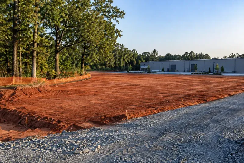 Prepared commercial ground with retained vegetation and site infrastructure