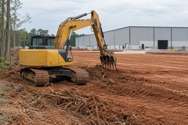 Earthmoving equipment preparing a commercial building site