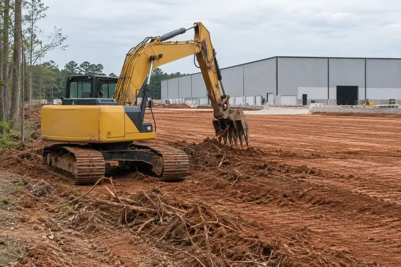 Earthmoving equipment preparing a commercial building site
