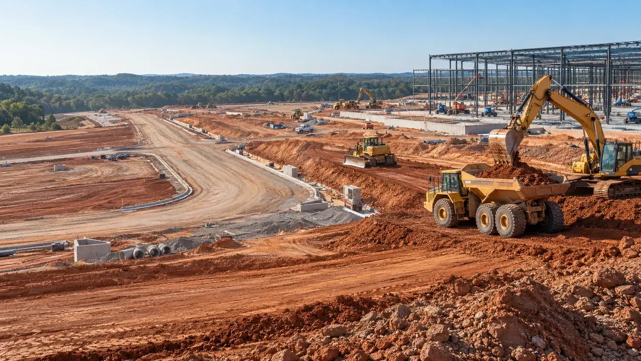 Large commercial civil construction site with earthmoving equipment, grading and infrastructure work