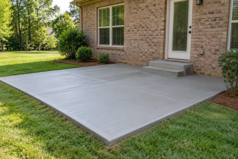 Finished concrete patio with control joints beside a brick home