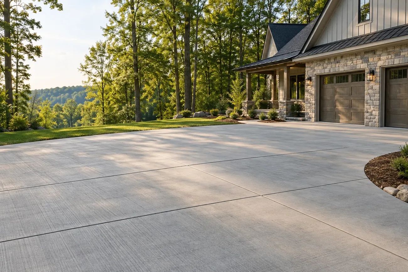 Finished concrete driveway with neat control joints beside a North Georgia home