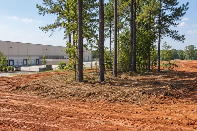 Managed vegetation and retained trees beside a commercial development
