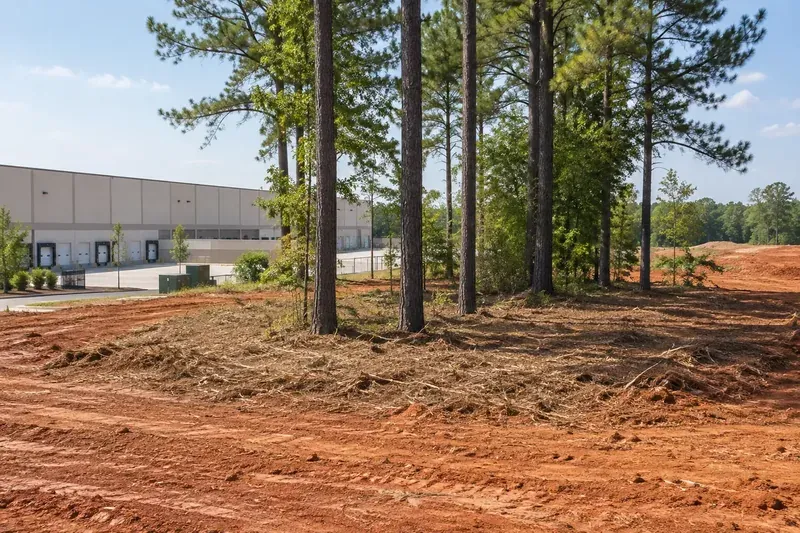 Managed vegetation and retained trees beside a commercial development