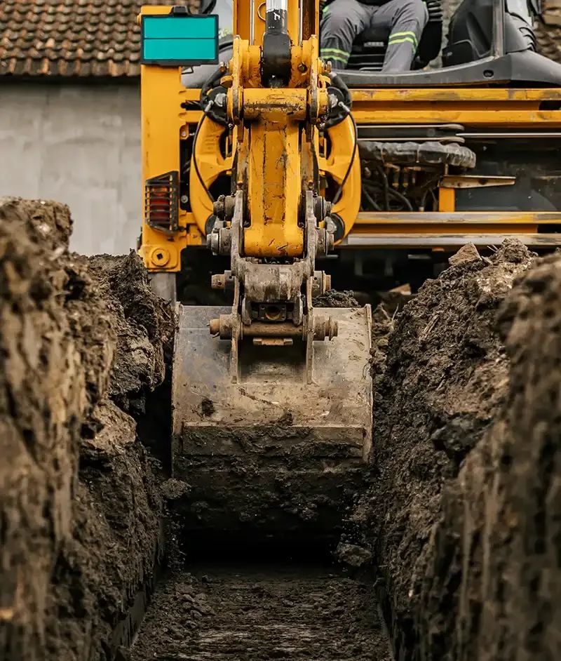 Yellow excavator digging a trench for underground site infrastructure
