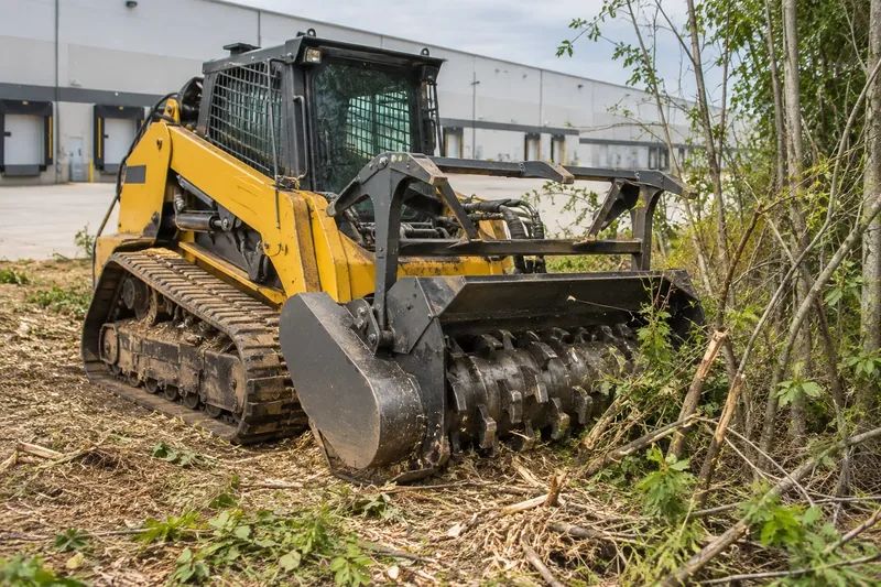 Forestry mulcher working on brush at a commercial property edge