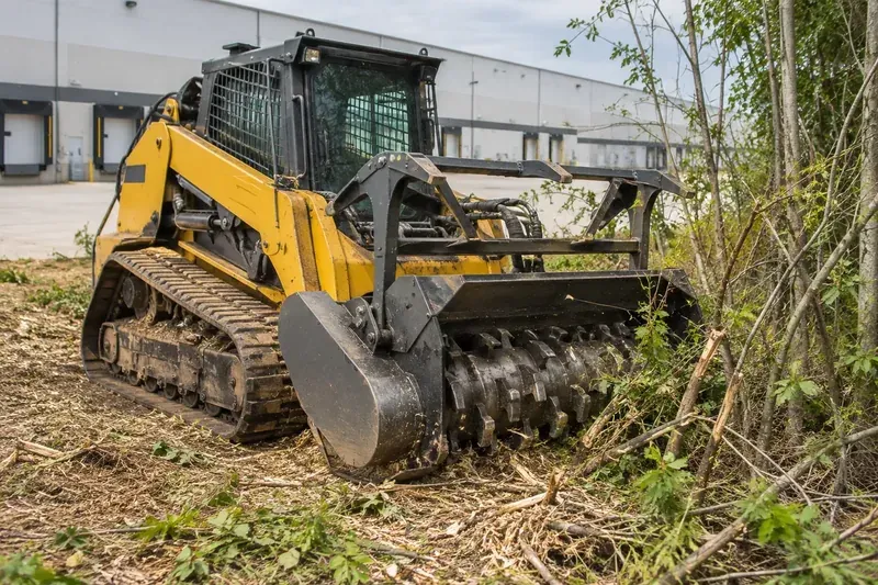 Forestry mulcher working on brush at a commercial property edge