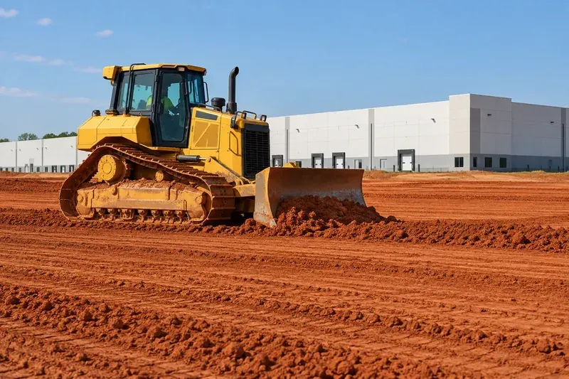 Earthmoving equipment preparing a commercial building site