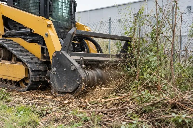 Forestry mulcher working on brush at a commercial property edge