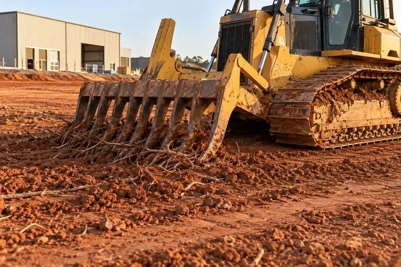 Earthmoving equipment preparing a commercial building site