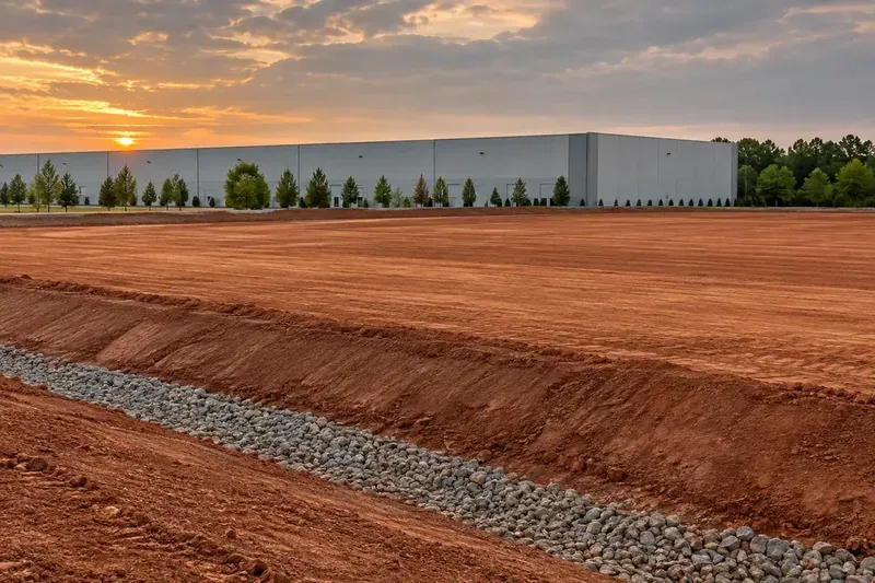 Prepared commercial ground with retained vegetation and site infrastructure