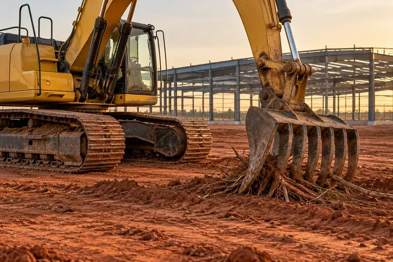Earthmoving equipment preparing a commercial building site