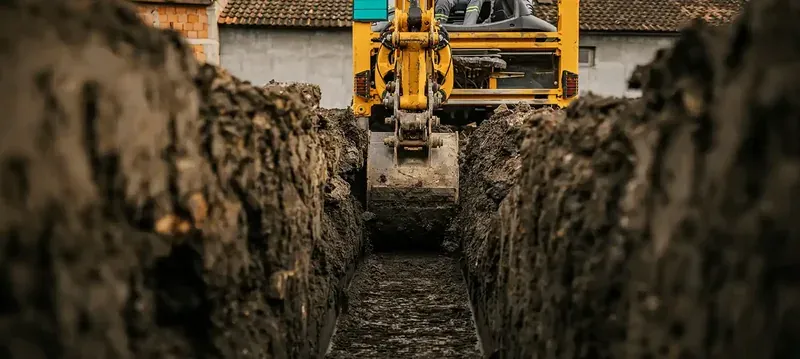 Excavator preparing a trench on a site