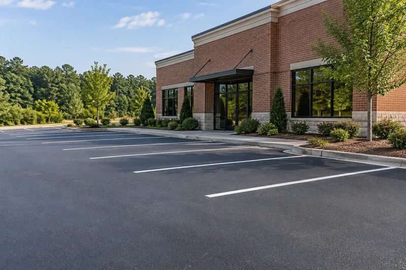 Finished commercial asphalt parking area with clearly marked spaces