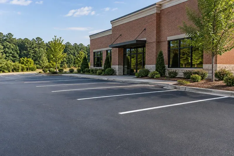Finished commercial asphalt parking area with clearly marked spaces