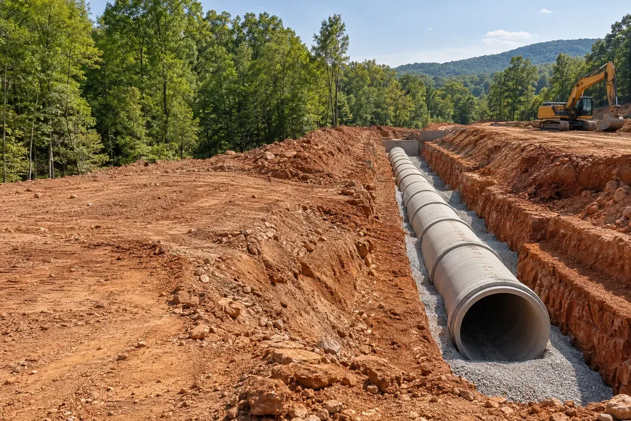 Stormwater pipe installation in a prepared commercial site trench